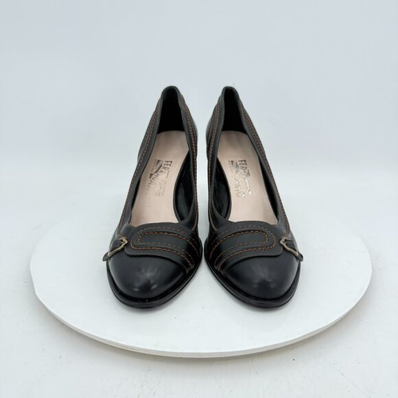 Salvatore Ferragamo Women Size 10B Brown Leather Belt Slip On Pump Heel Shoes - Picture 2 of 11